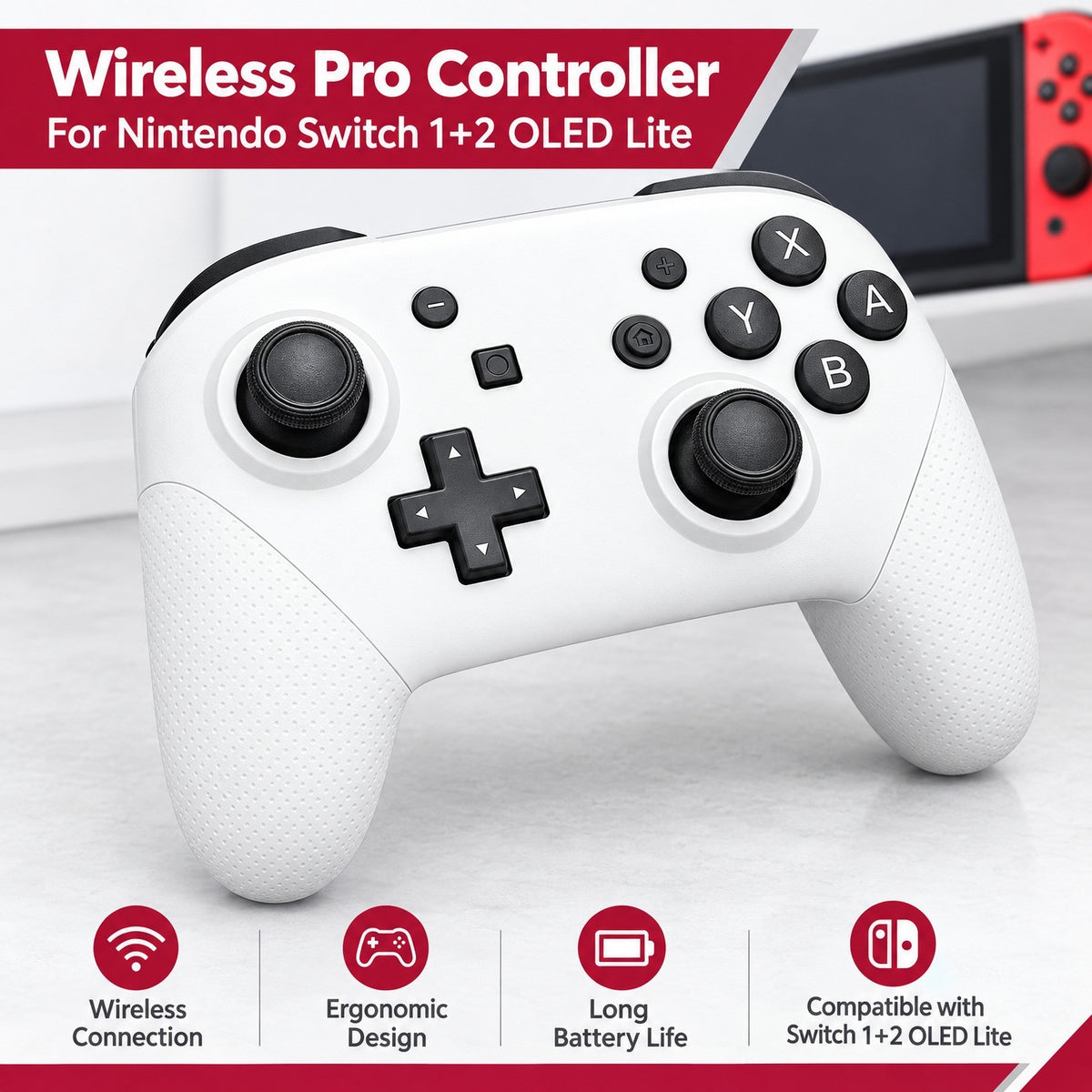 Arctic White Wireless Pro Controller For Nintendo Switch 1+2 OLED Lite Bluetooth