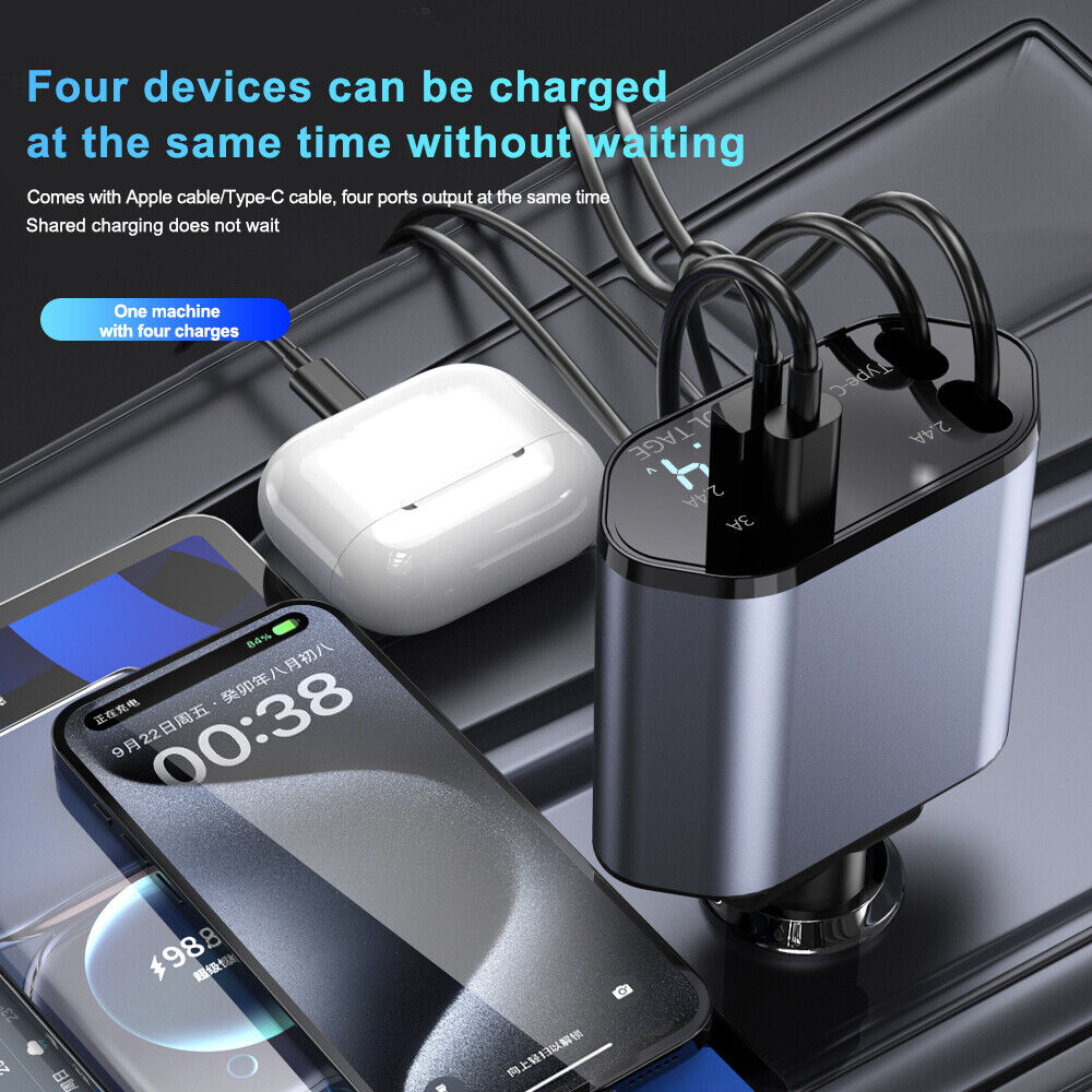 Retractable Car Charger 4 in 1 Fast Car Phone Charger 120W With USB Type C Cable