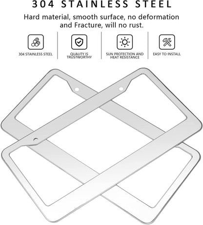 2PCS Chrome Stainless Steel Metal License Plate Frame Tag Cover With Screw Caps