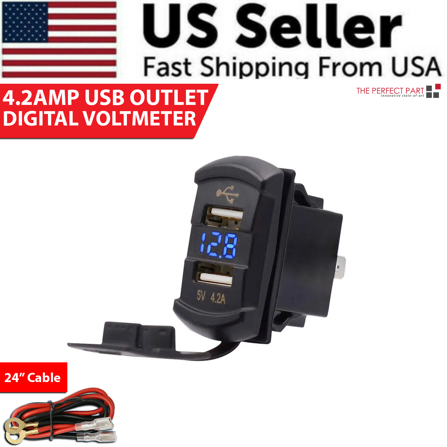 12V Dual USB Charger Socket LED Voltage Voltmeter Rocker Switch Panel Car Boat 