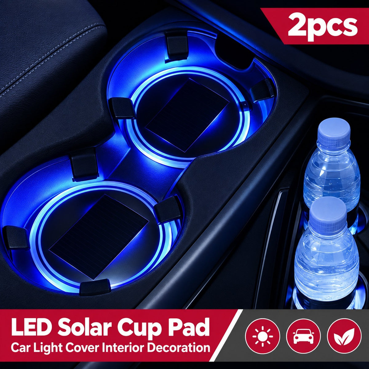 2PCS LED Solar Cup Pad Car Light Cover Interior Decoration Car Light Accessories