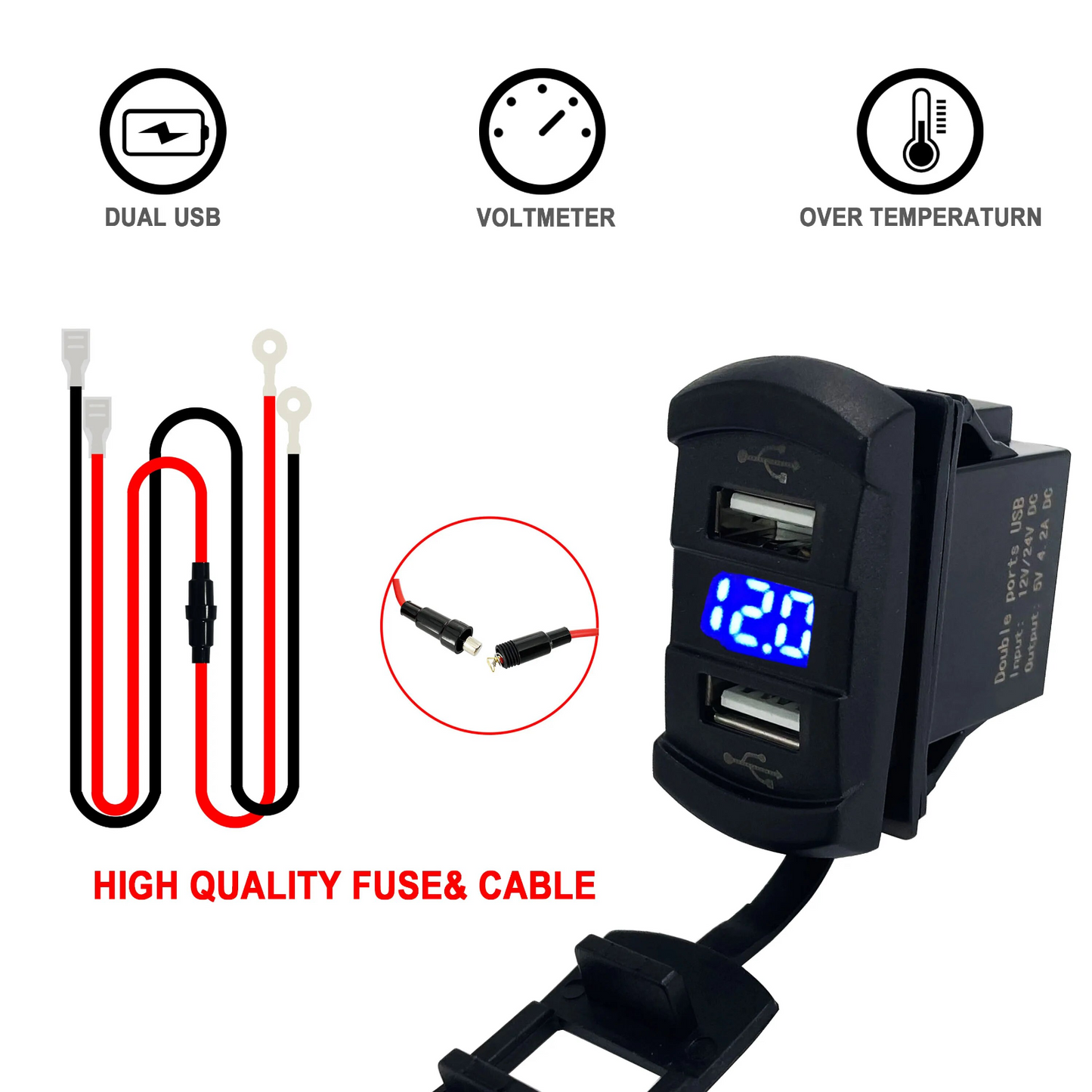 12V Dual USB Charger Socket LED Voltage Voltmeter Rocker Switch Panel Car Boat 