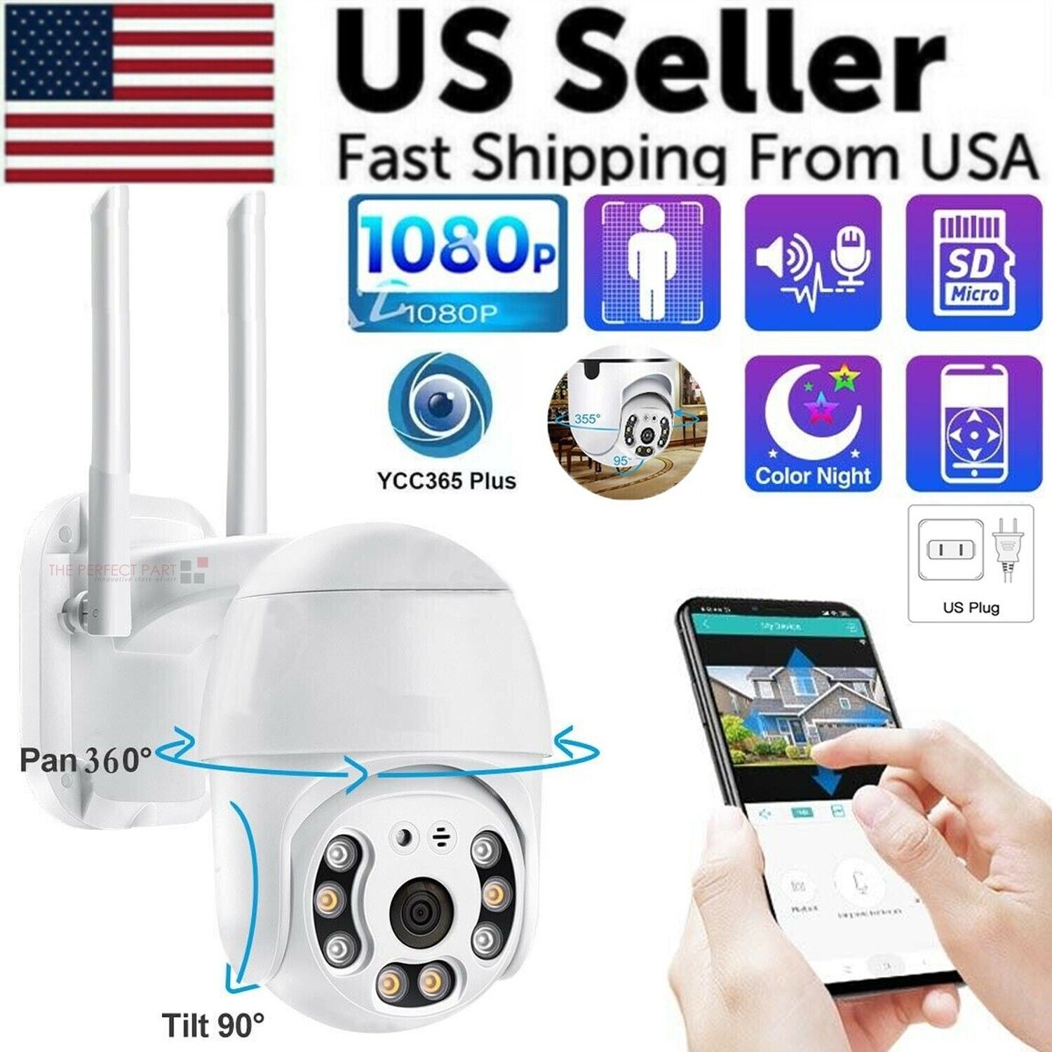 1080P HD WIFI Camera Wireless Outdoor CCTV IP PTZ Smart Home Security IR Cam US