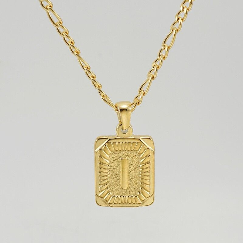 18" Gold Plated Initial Letter Pendant Necklace Stainless Steel Figaro Chain