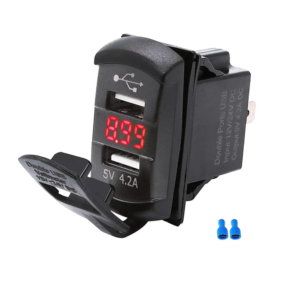 12V Dual USB Charger Socket LED Voltage Voltmeter Rocker Switch Panel Car Boat 
