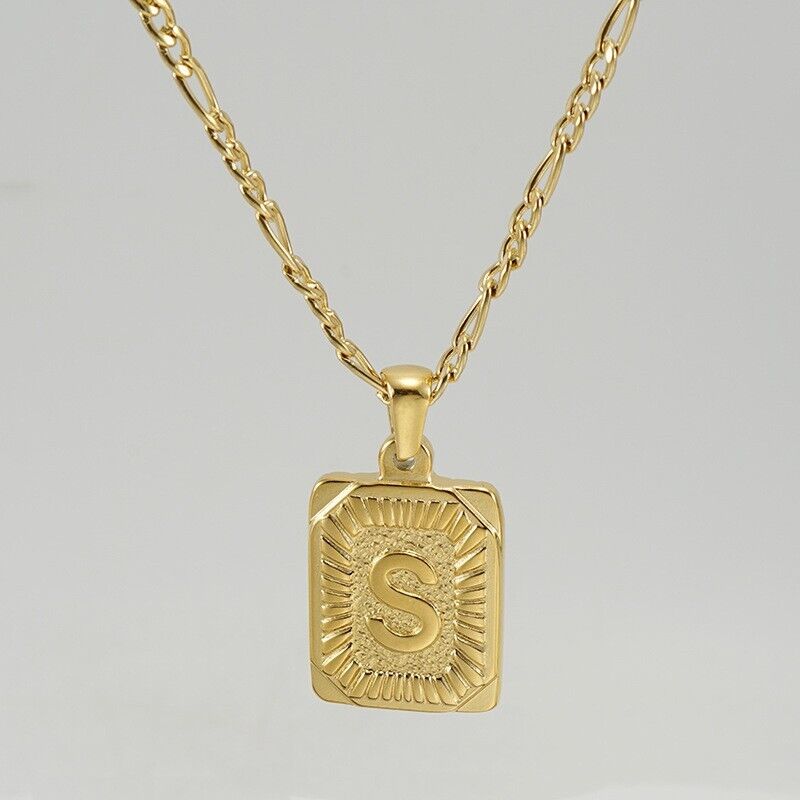 18" Gold Plated Initial Letter Pendant Necklace Stainless Steel Figaro Chain