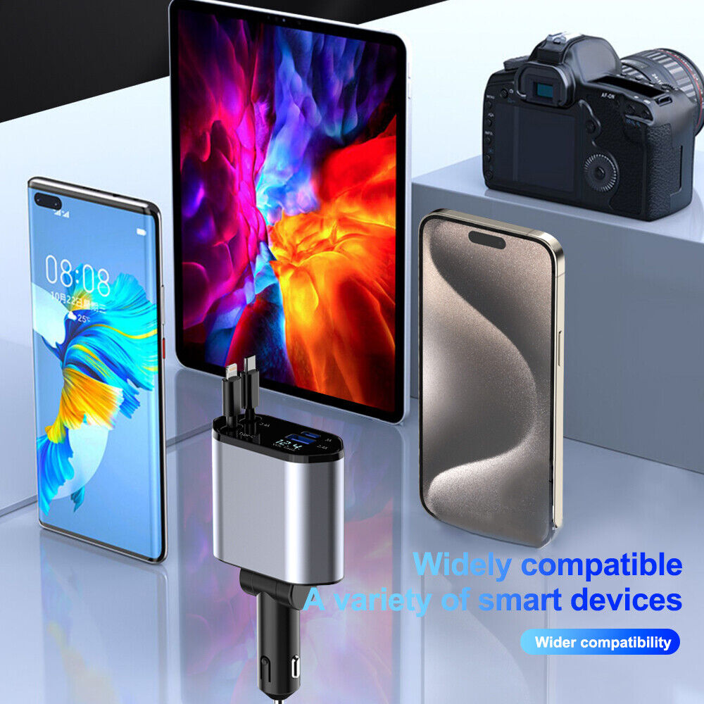 Retractable Car Charger 4 in 1 Fast Car Phone Charger 120W With USB Type C Cable