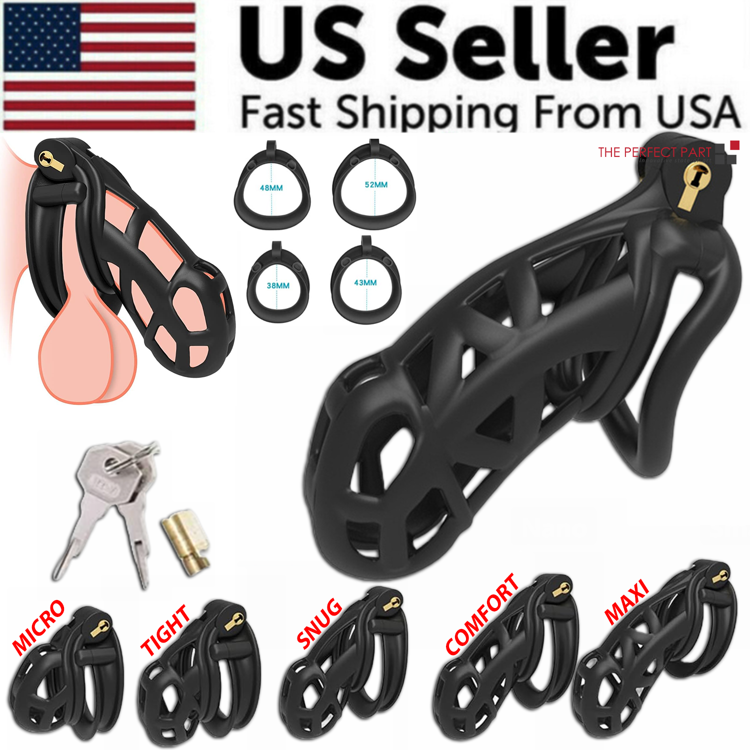 Male Chastity Cage Lock Device Kit W/ 4 Rings Virginity Device 5 Sizes Curve US