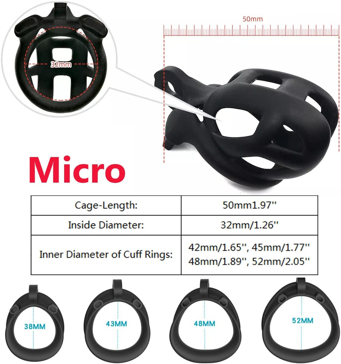 Male Chastity Cage Lock Device Kit W/ 4 Rings Virginity Device 5 Sizes Curve US