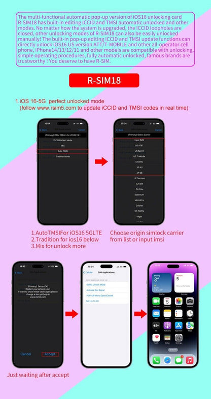 R-SIM18 RSIM 18 Nano Unlock Card For iPhone 14 Plus 13 12 11 Pro Max X XR iOS 16
