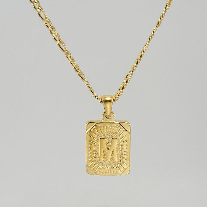 18" Gold Plated Initial Letter Pendant Necklace Stainless Steel Figaro Chain