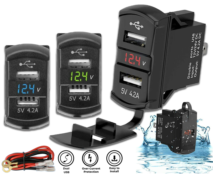 12V Dual USB Charger Socket LED Voltage Voltmeter Rocker Switch Panel Car Boat 