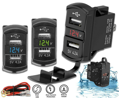 12V Dual USB Charger Socket LED Voltage Voltmeter Rocker Switch Panel Car Boat 