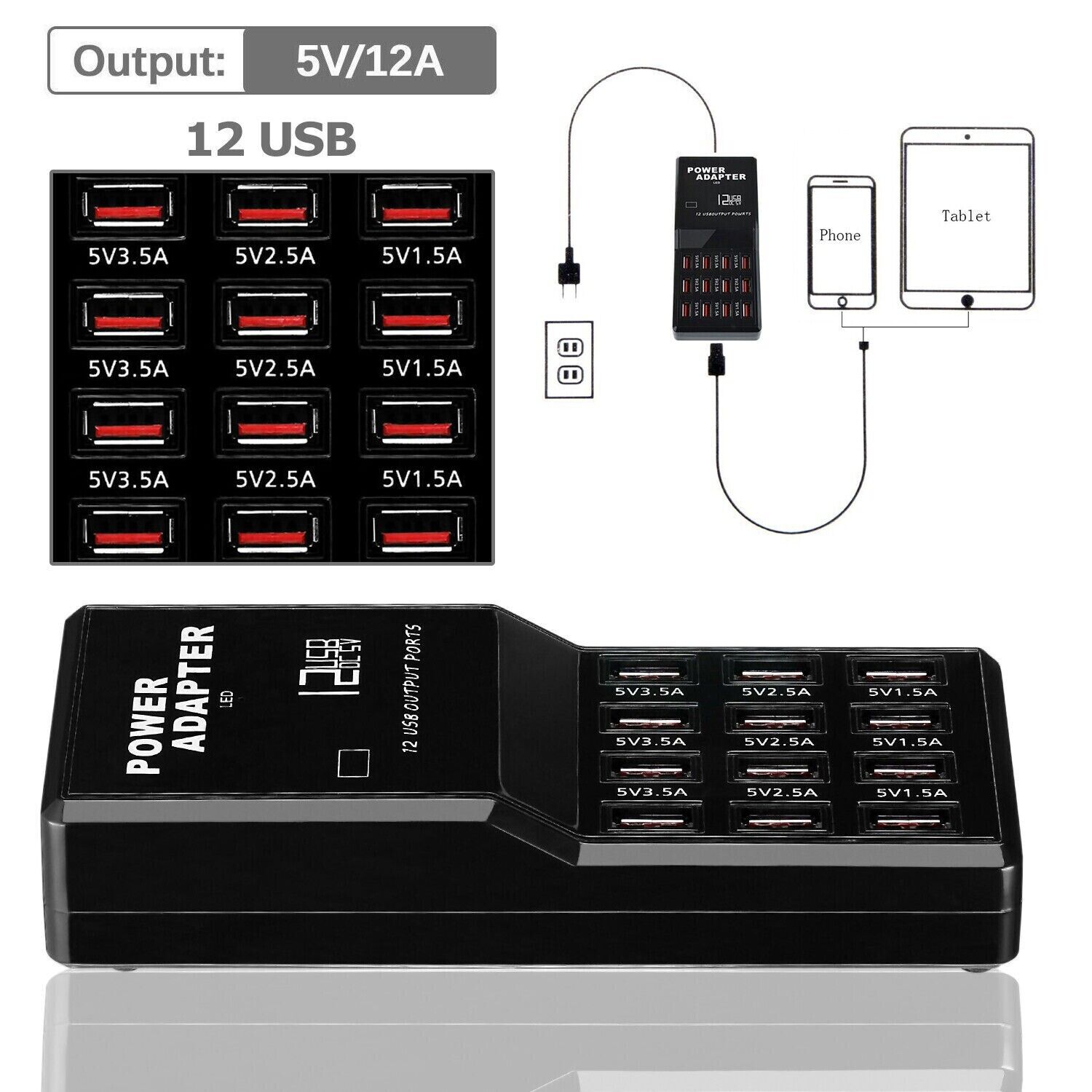 Multi 12 Port USB Charging Station Hub Desktop Wall Cell Phone Charger Organizer