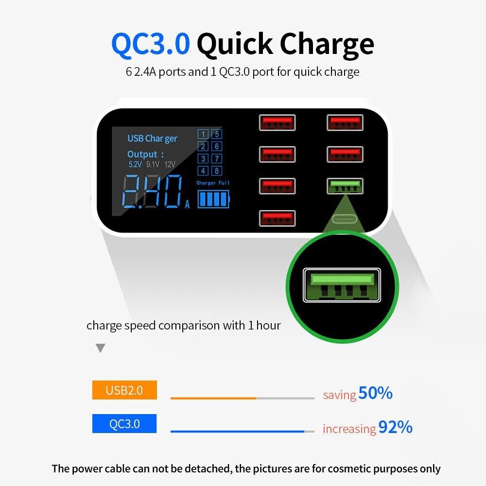 Multi USB 8-Port Fast Desktop Hub Wall Charger Charging Station Quick Charge 3.0