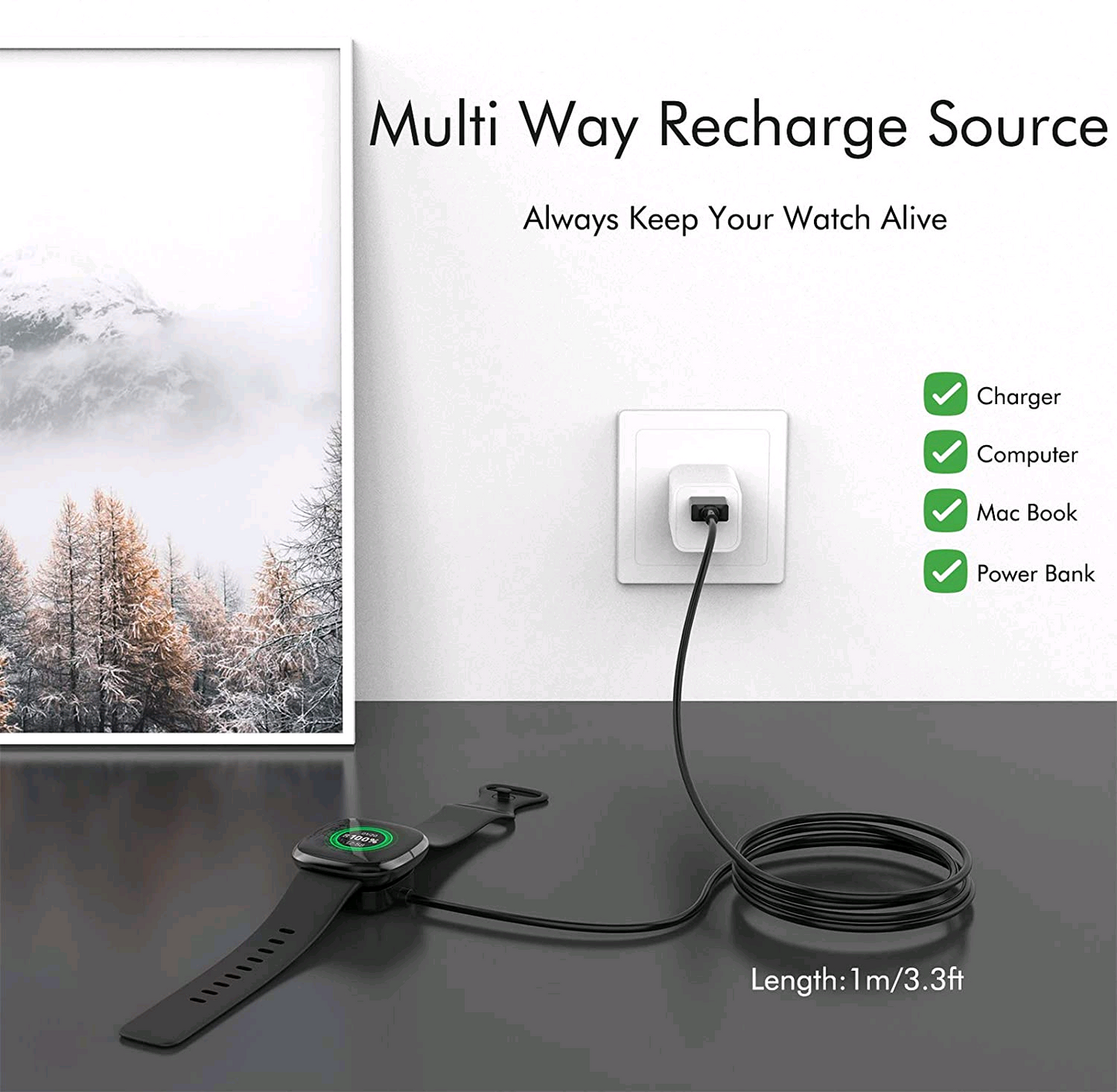 Wireless Charger For Fitbit Sense Versa 3 4 Watch USB Fast Charging Dock Cable
