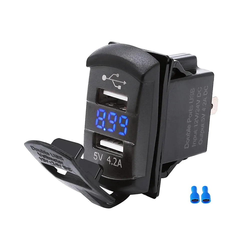 12V Dual USB Charger Socket LED Voltage Voltmeter Rocker Switch Panel Car Boat 