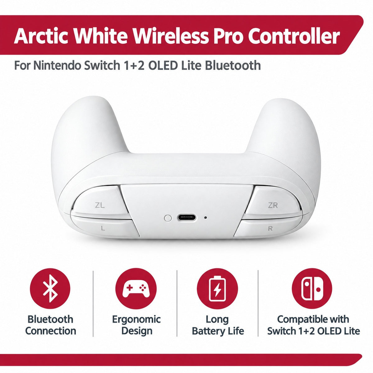 Arctic White Wireless Pro Controller For Nintendo Switch 1+2 OLED Lite Bluetooth