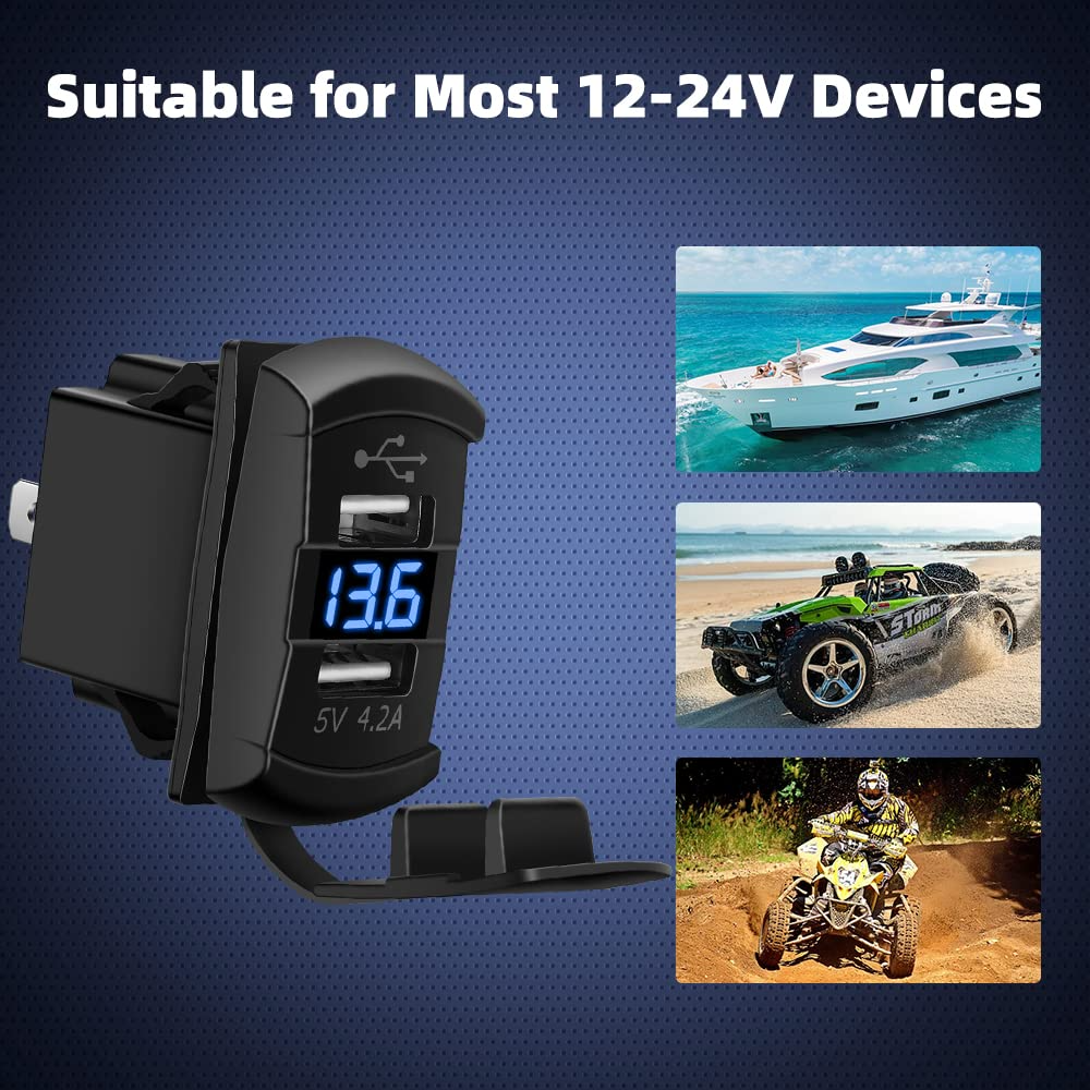 12V Dual USB Charger Socket LED Voltage Voltmeter Rocker Switch Panel Car Boat 