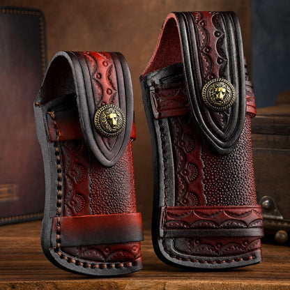 Hand Made Carved Cow Leather Sheath For Folding Knife Cover Pouch Belt Clip US