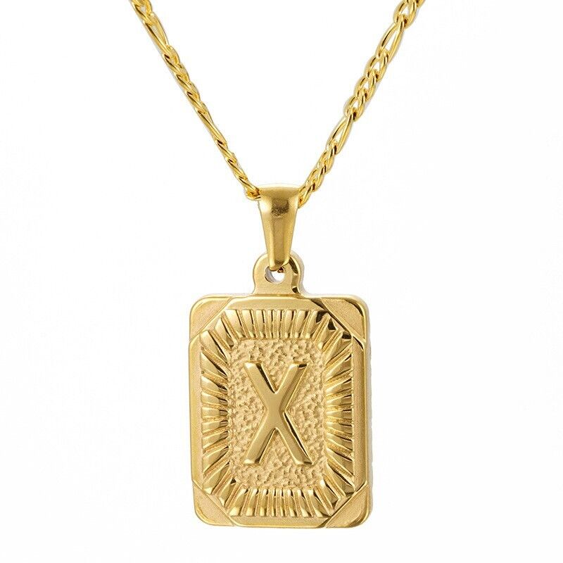 18" Gold Plated Initial Letter Pendant Necklace Stainless Steel Figaro Chain