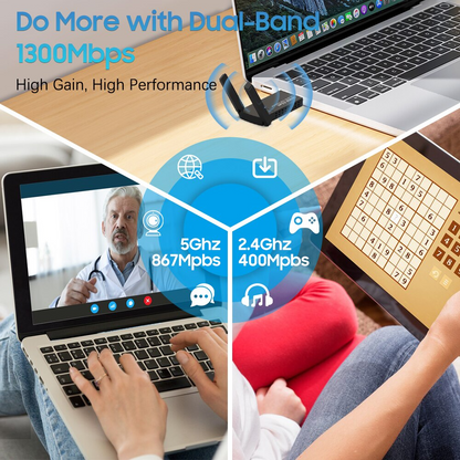 USB 3.0 Wireless WIFI Adapter 1300Mbps Long Range Dongle Dual Band 5Ghz Network
