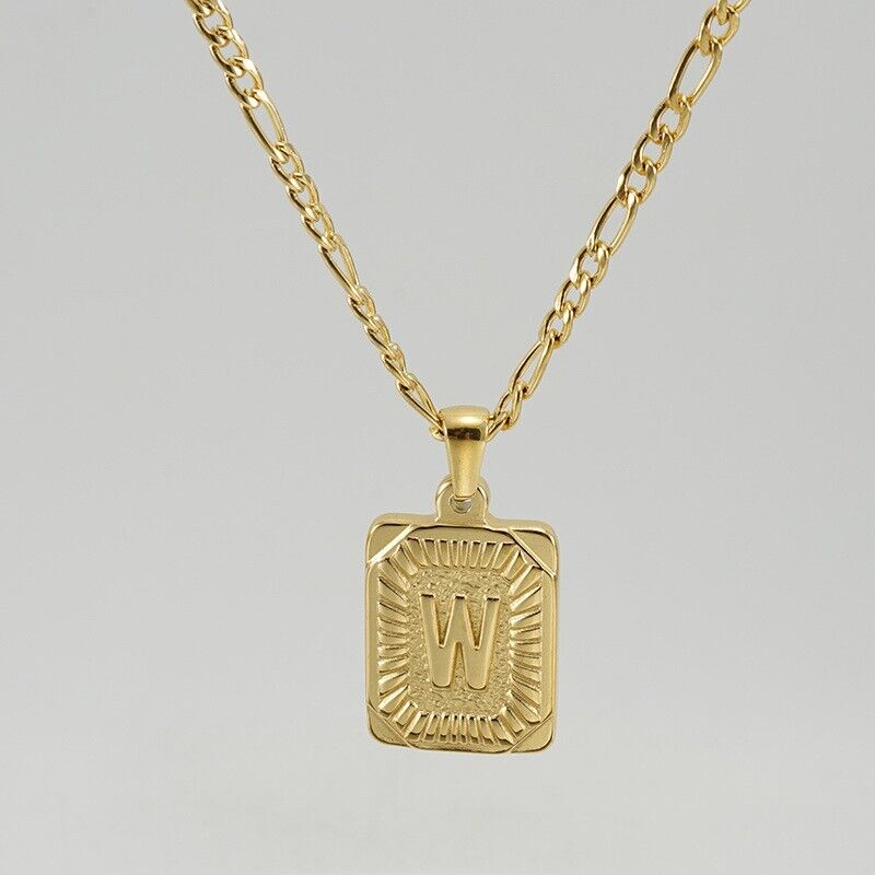 18" Gold Plated Initial Letter Pendant Necklace Stainless Steel Figaro Chain