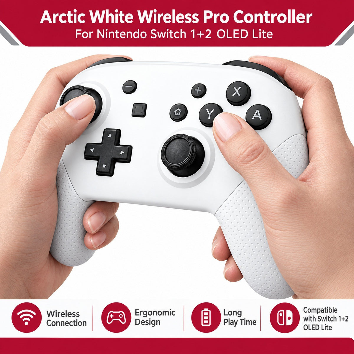 Arctic White Wireless Pro Controller For Nintendo Switch 1+2 OLED Lite Bluetooth
