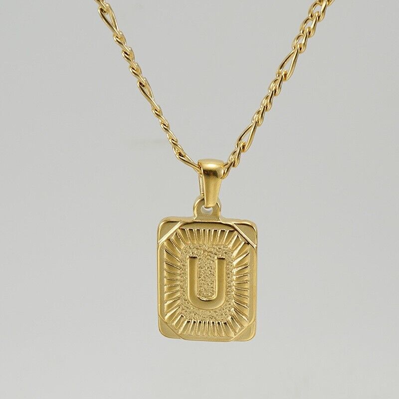 18" Gold Plated Initial Letter Pendant Necklace Stainless Steel Figaro Chain