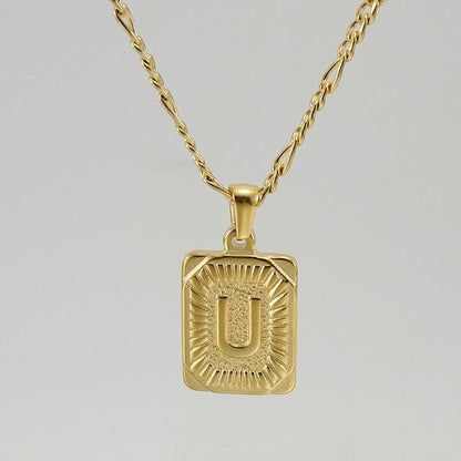 18" Gold Plated Initial Letter Pendant Necklace Stainless Steel Figaro Chain