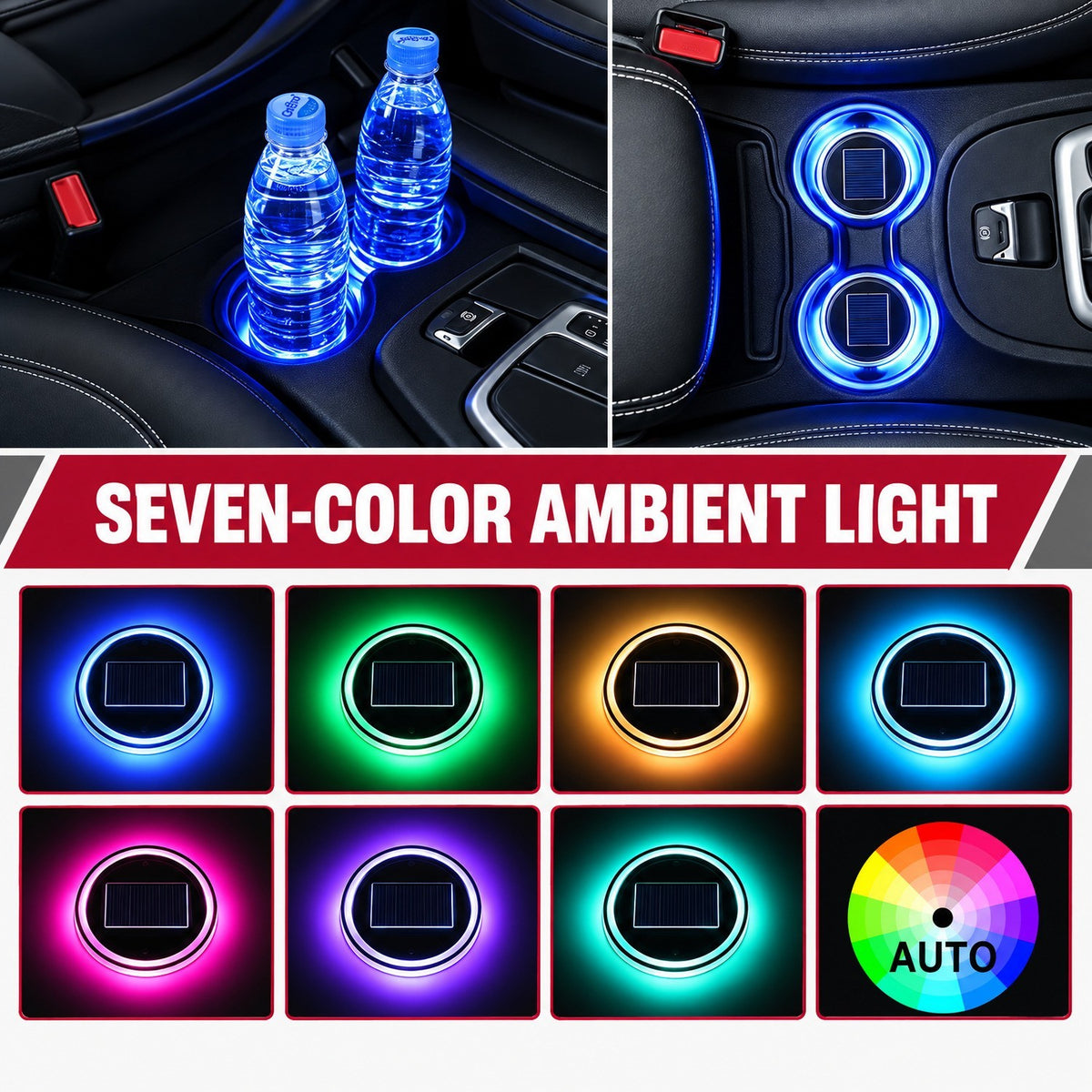 2PCS LED Solar Cup Pad Car Light Cover Interior Decoration Car Light Accessories