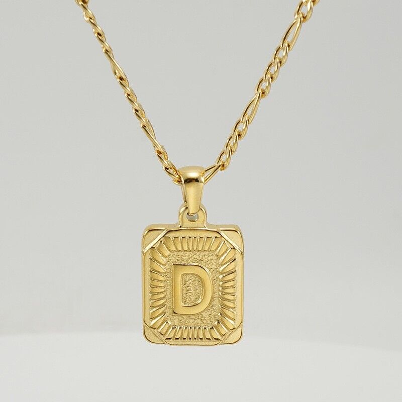 18" Gold Plated Initial Letter Pendant Necklace Stainless Steel Figaro Chain
