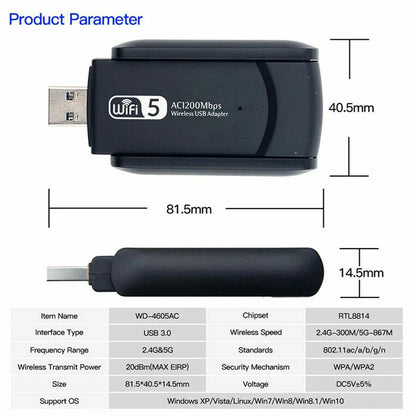 1200Mbps Long Range AC1200 Dual Band 5GHz Wireless USB 3.0 WiFi Adapter Antennas