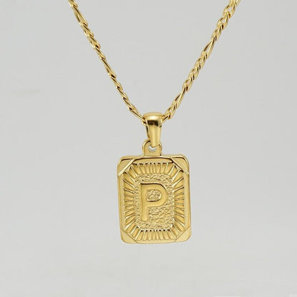18" Gold Plated Initial Letter Pendant Necklace Stainless Steel Figaro Chain