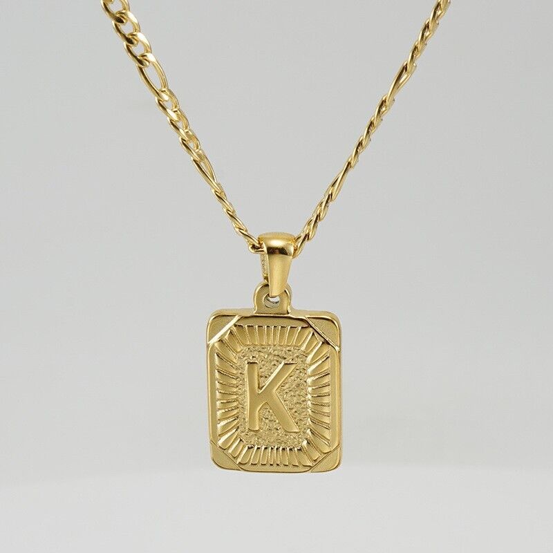 18" Gold Plated Initial Letter Pendant Necklace Stainless Steel Figaro Chain