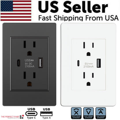 Dual USB Wall Outlet Port 15A Power Socket Charger AC Receptacle Plate Panel 110
