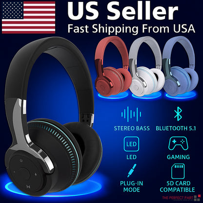 Wireless Bluetooth 5.1 Headphones Over Ear LED Headset Stereo Noise Cancelling