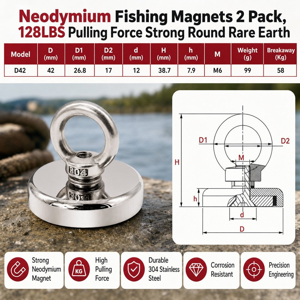 Neodymium Fishing Magnets 2 Pack, 128LBS Pulling Force Strong Round Rare Earth