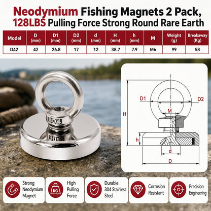 Neodymium Fishing Magnets 2 Pack, 128LBS Pulling Force Strong Round Rare Earth