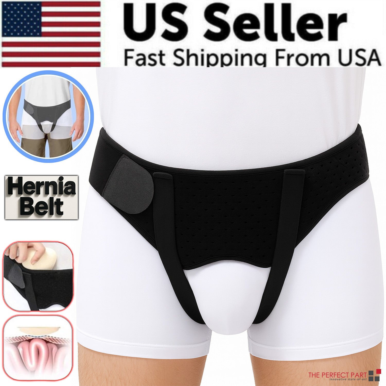 Hernia Support Belt Men Truss For Inguinal With 2 Removable Compression Pads US