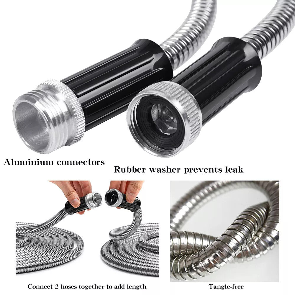 Stainless Steel Metal Garden Water Hose Pipe Flexible Lightweight 25/50/75/100FT