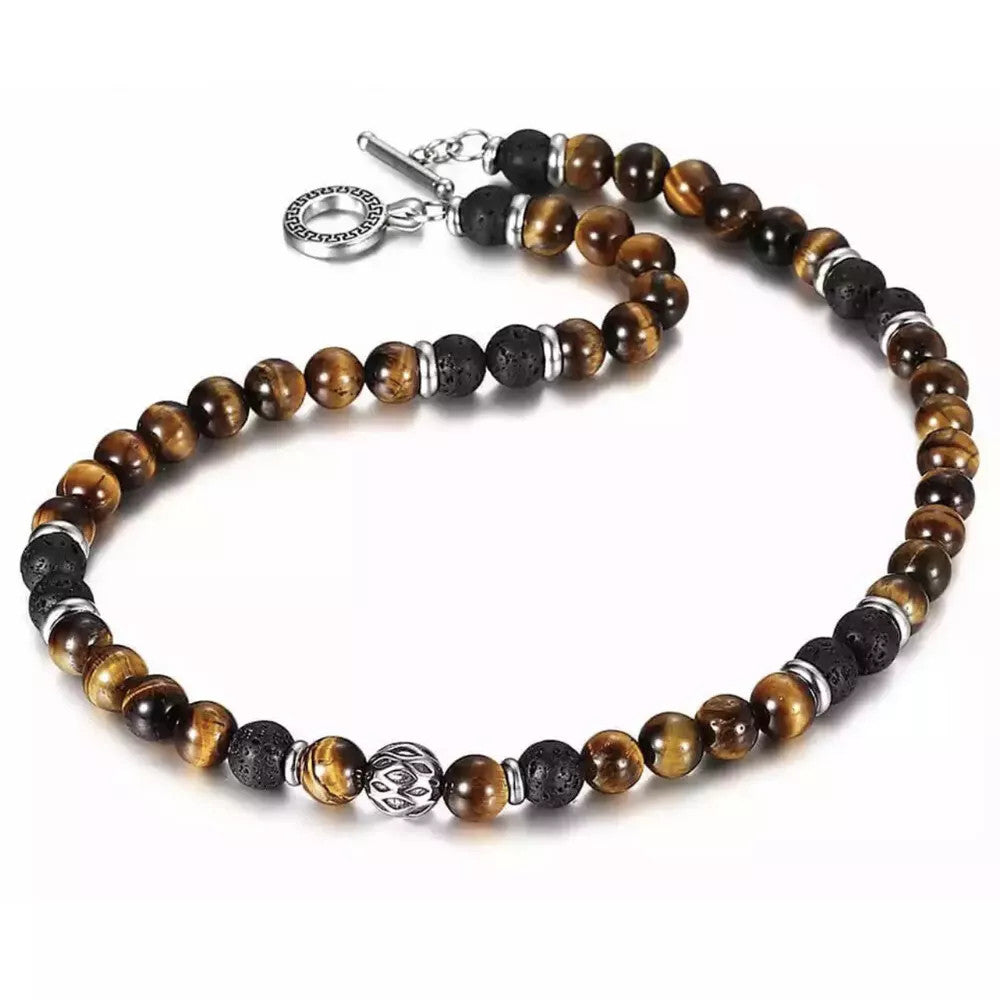 Men's 8mm Natural Tiger Eye Lava Bead Necklace Stainless Steel Toggle 18/20/24"