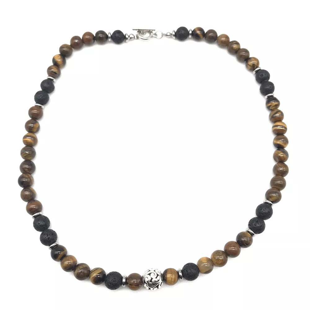 Men's 8mm Natural Tiger Eye Lava Bead Necklace Stainless Steel Toggle 18/20/24"