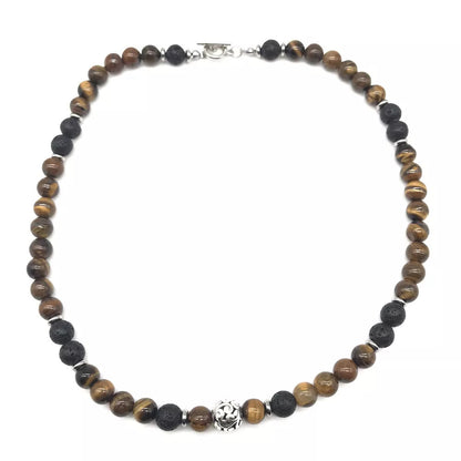 Men's 8mm Natural Tiger Eye Lava Bead Necklace Stainless Steel Toggle 18/20/24"
