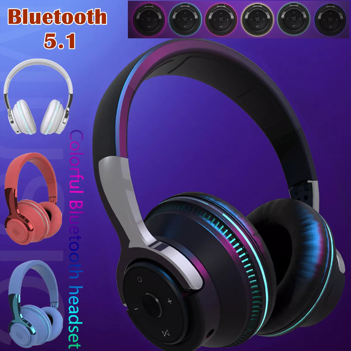 Wireless Bluetooth 5.1 Headphones Over Ear LED Headset Stereo Noise Cancelling