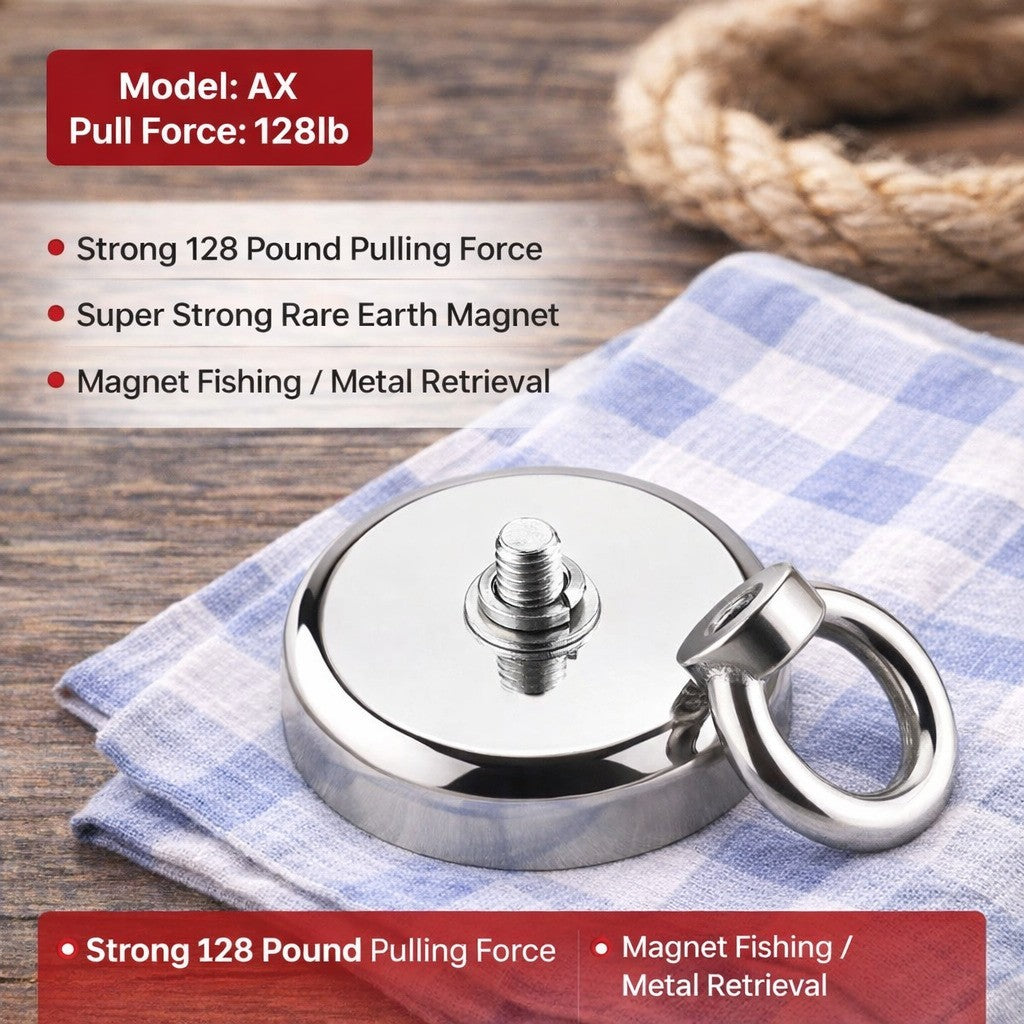 Neodymium Fishing Magnets 2 Pack, 128LBS Pulling Force Strong Round Rare Earth