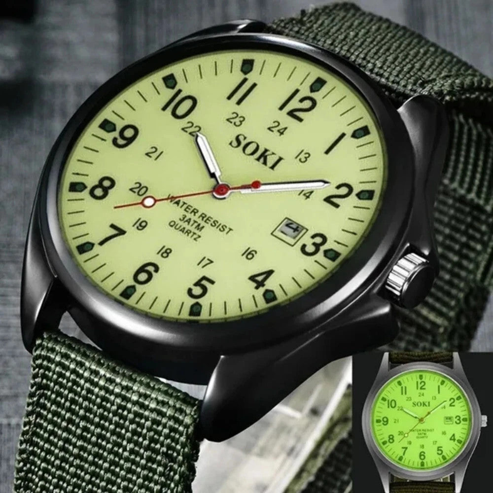 Men's Military Army Luminous 24 Hours Dial Nylon Strap Date Quartz Wrist Watch