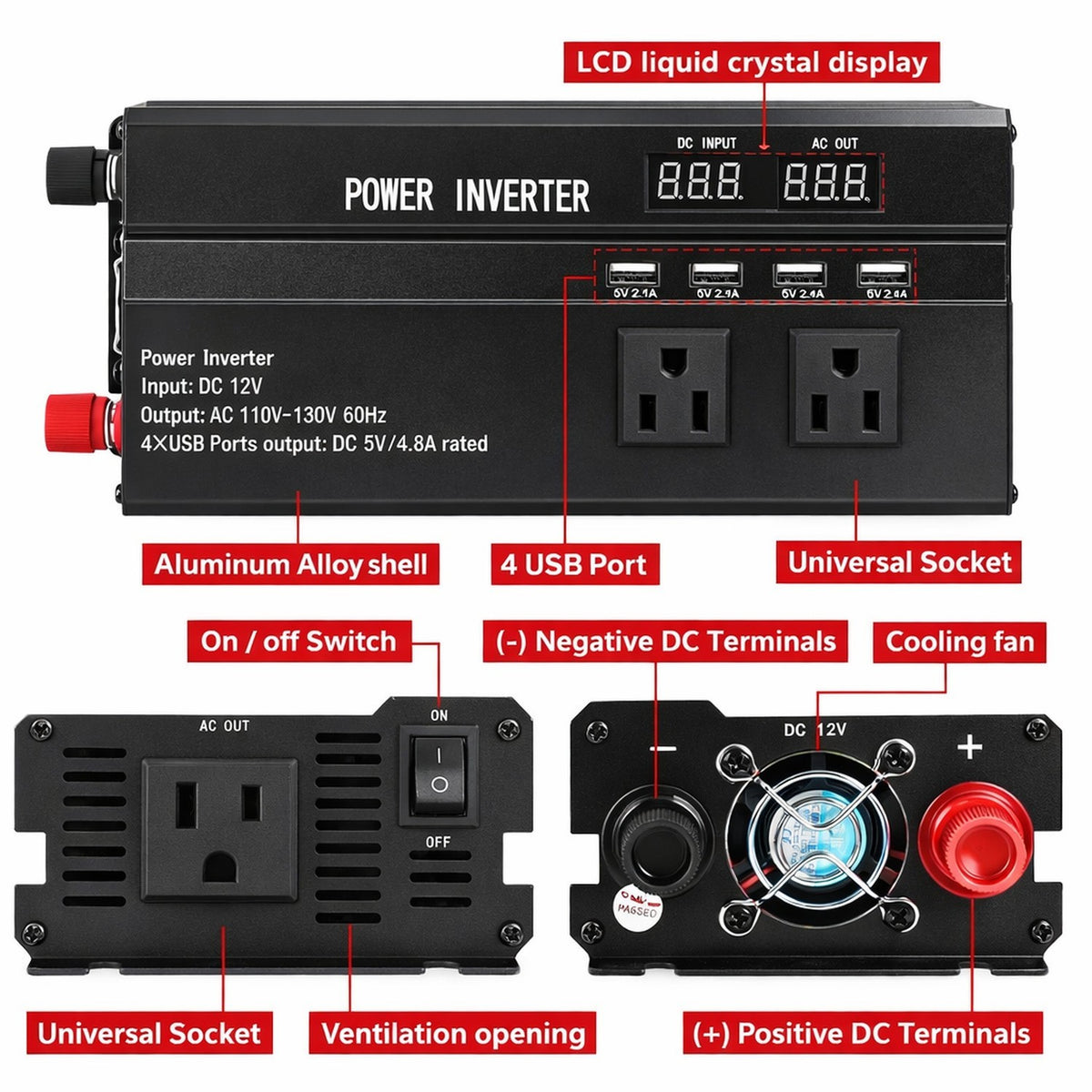 6000W Solar Converter Car Power Inverter DC 12V To AC 110V LCD Sine Wave Home RV