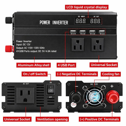6000W Solar Converter Car Power Inverter DC 12V To AC 110V LCD Sine Wave Home RV