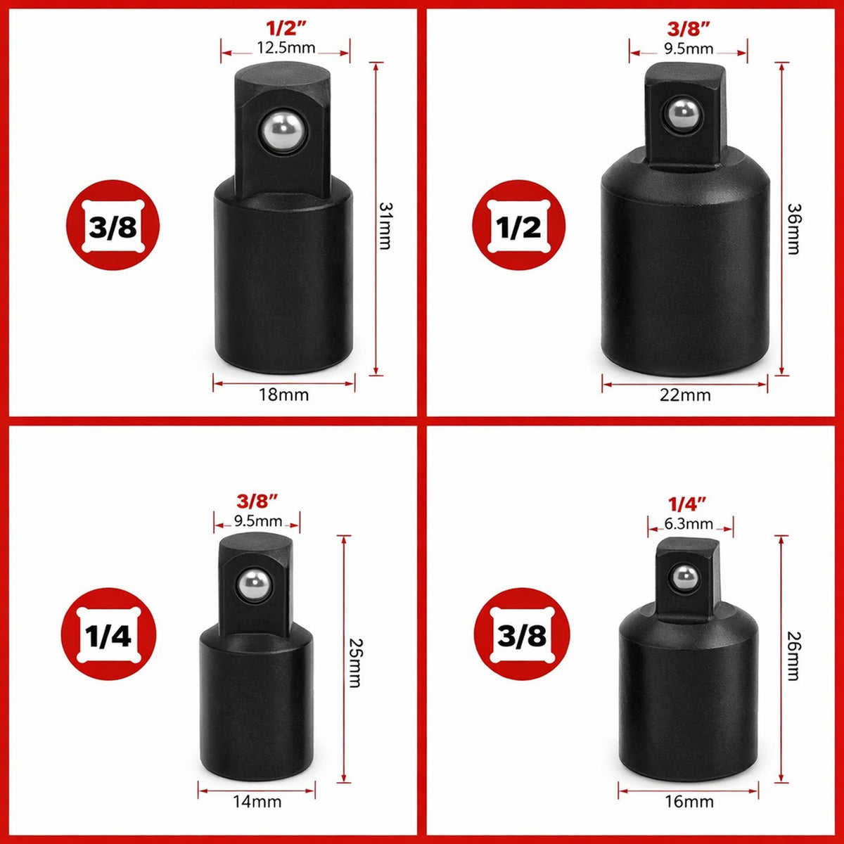4 Pack Air Impact Socket Adapter Set 3/8" to 1/4" 1/2 inch Drive Ratchet Reducer